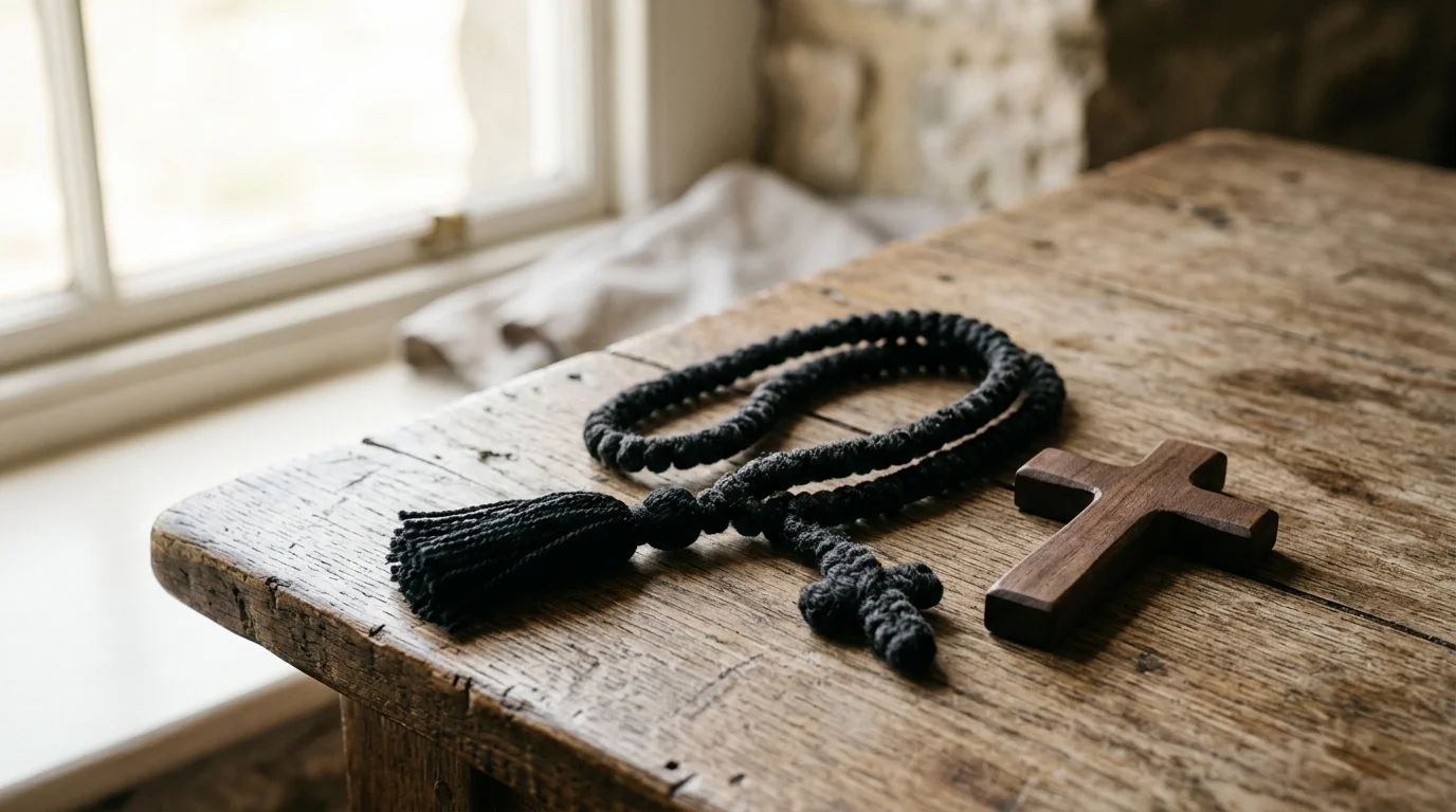 Prayer rope and small cross on wooden table representing discernment and spiritual grounding