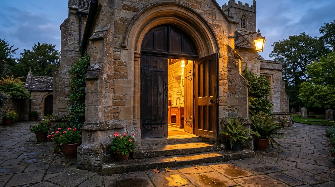 Open church door with warm light spilling out inviting a visitor inside