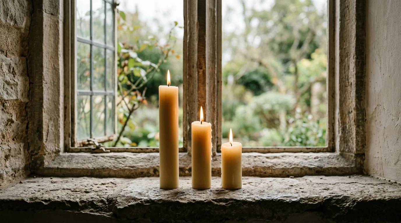Three lit candles representing different Christian traditions in respectful comparison