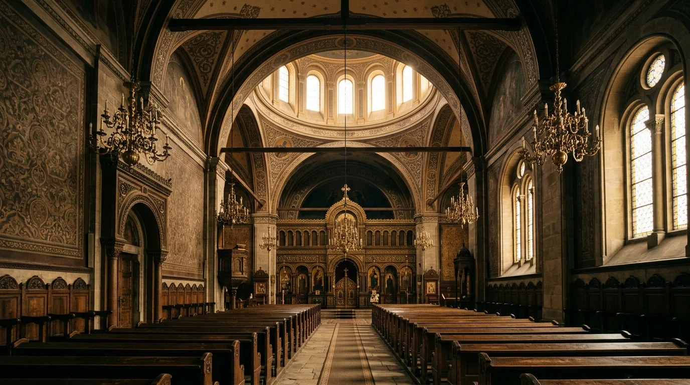 Quiet Orthodox church interior with soft light through windows
