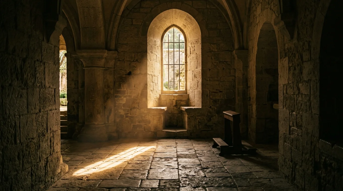 Sunlight through a monastery window suggesting peace and spiritual fruit
