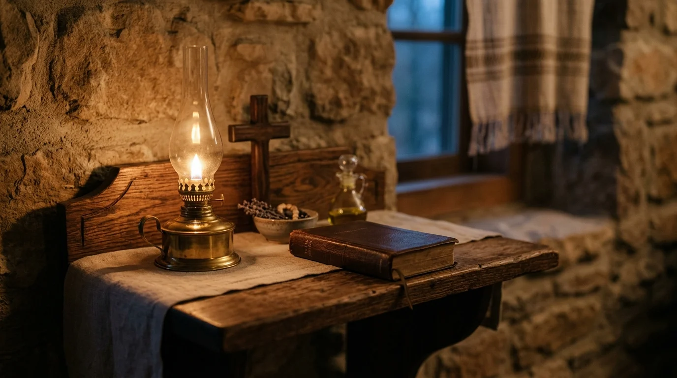 Simple home prayer corner with icon lamp light for beginners