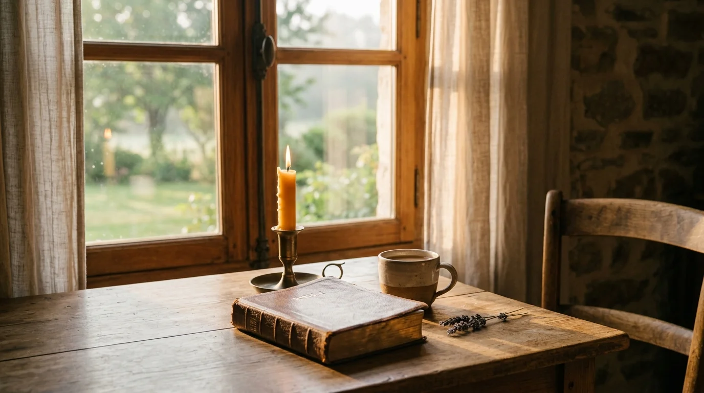 Morning light over a simple daily prayer routine setting