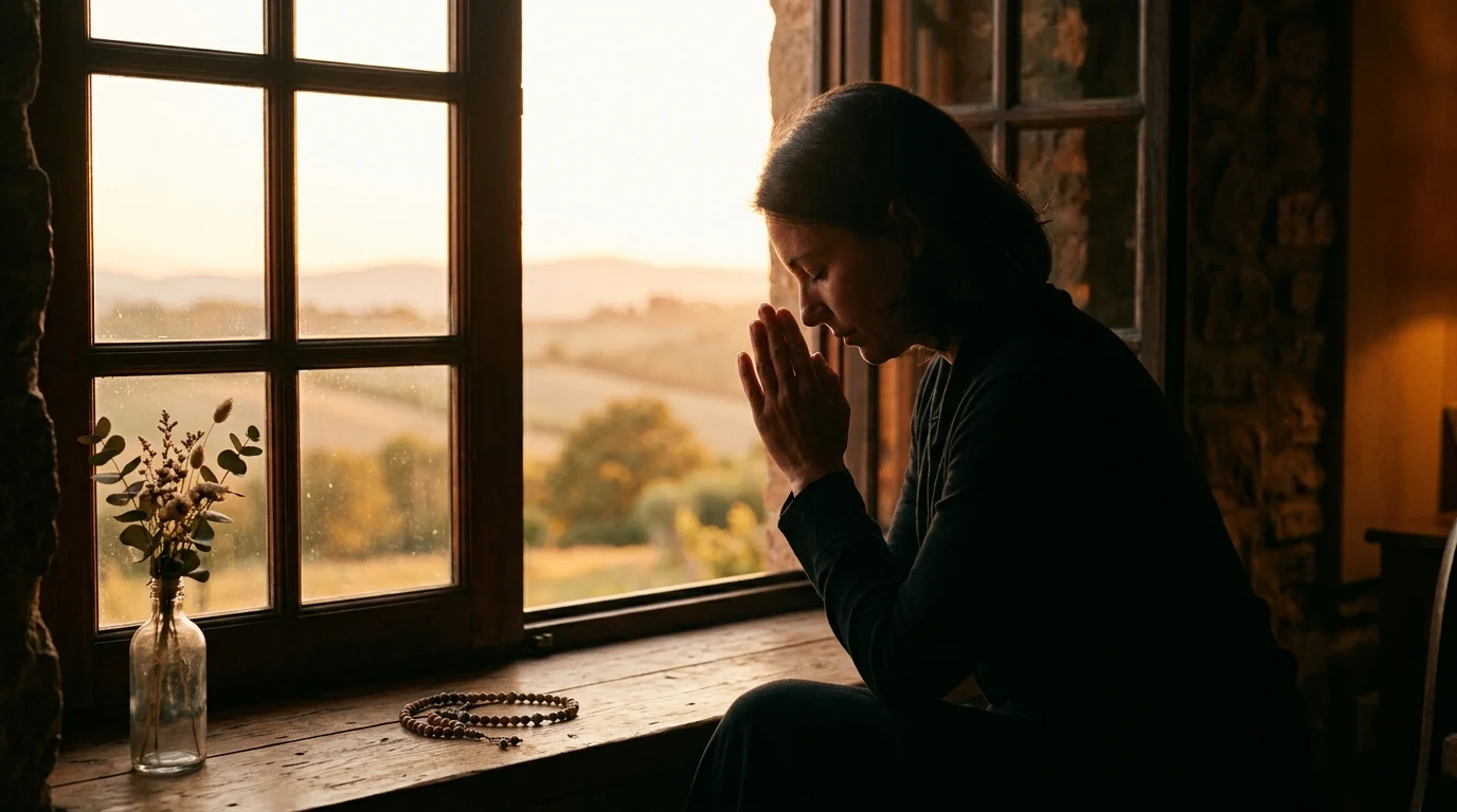 Hands folded in quiet prayer silhouette at dusk