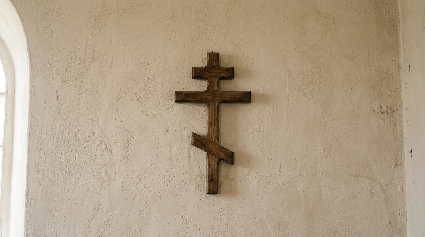 Orthodox cross on a plain wall representing quiet reflection and charitable understanding