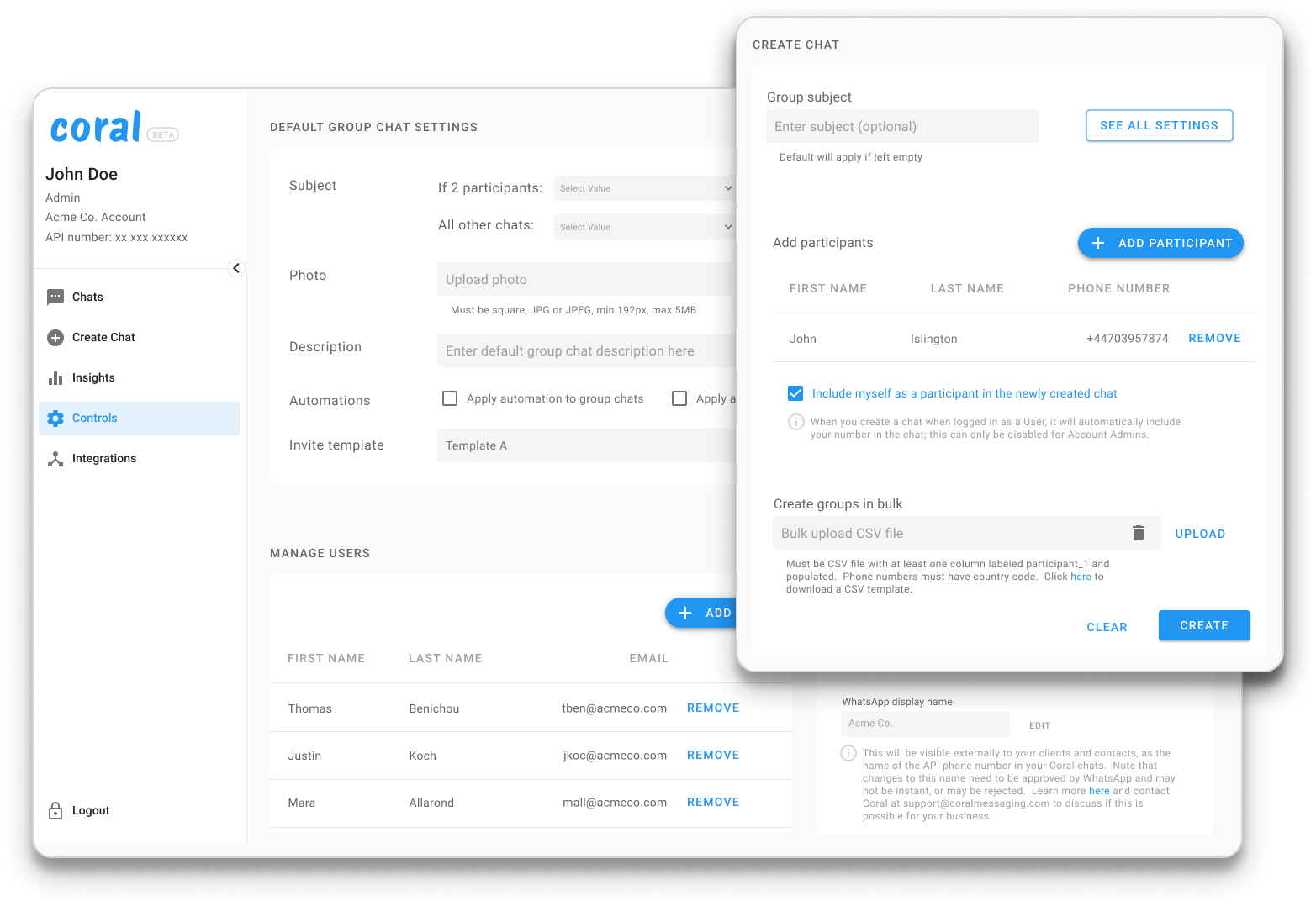 Interface do produto Coral Messaging com duas telas: uma para controlar os padrões de bate-papo do WhatsApp e outra para criar um novo bate-papo no WhatsApp.