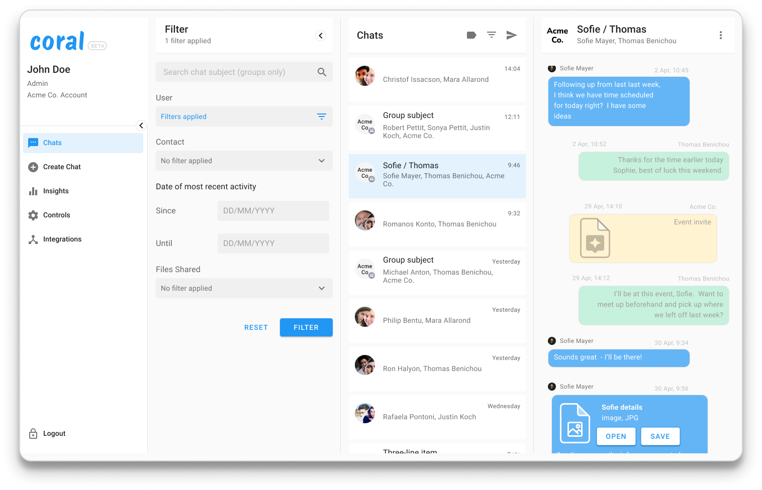 Interface Coral Messaging com painel de filtro, lista de bate-papo e bate-papos arquivados no WhatsApp.