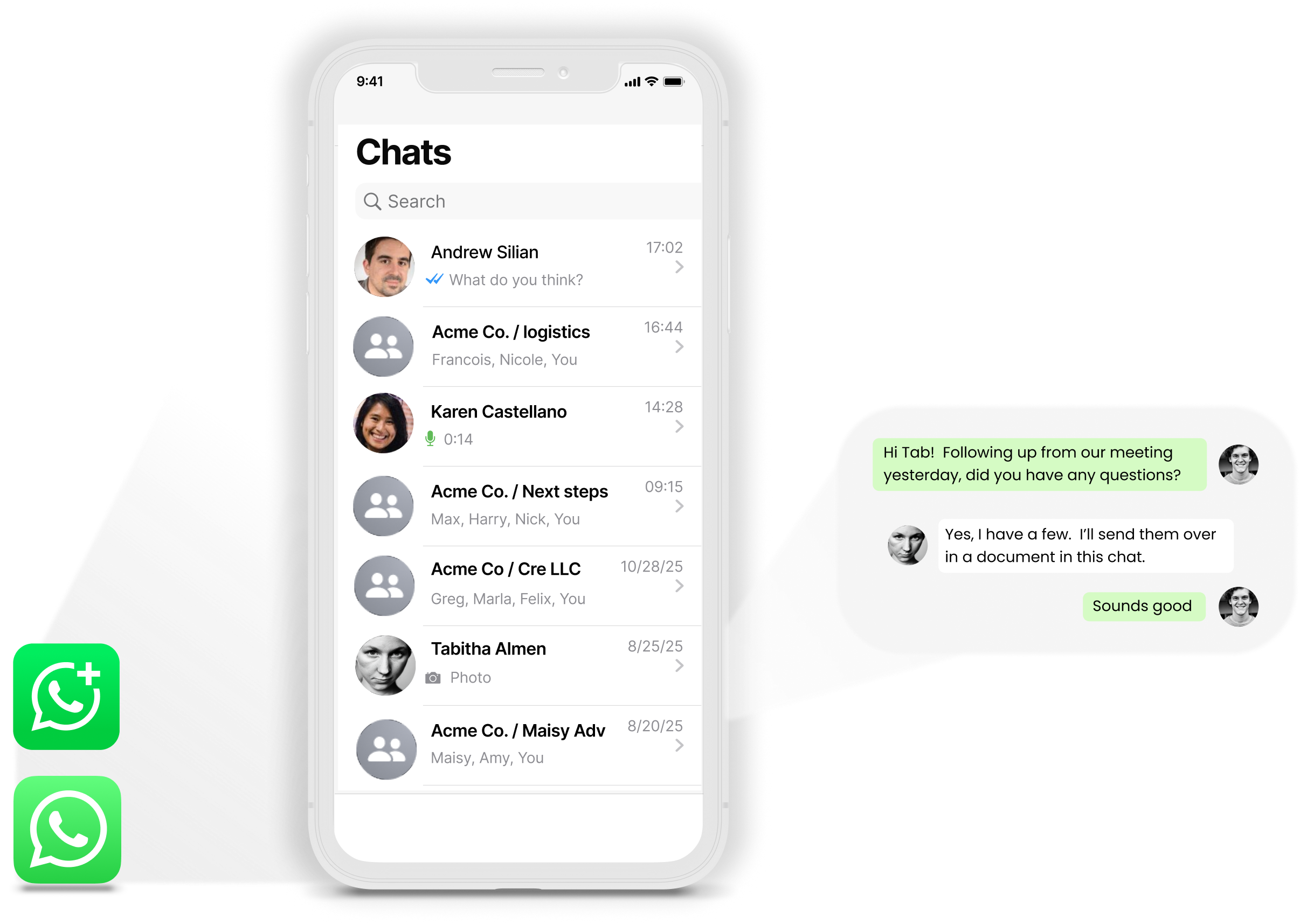 WhatsApp icon at the bottom for messaging platform indication.