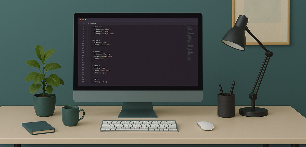 Moderner, minimalistischer Arbeitsplatz mit einem großen Monitor, auf dem Code angezeigt wird. Der Schreibtisch ist in Beige gehalten und mit einer Tastatur, Maus, grüner Kaffeetasse, Notizbuch, schwarzer Schreibtischlampe und einer Topfpflanze dekoriert. Im Hintergrund eine grüne Wand mit einem schlichten gerahmten Bild – die Szene wirkt ruhig, organisiert und stilvoll.