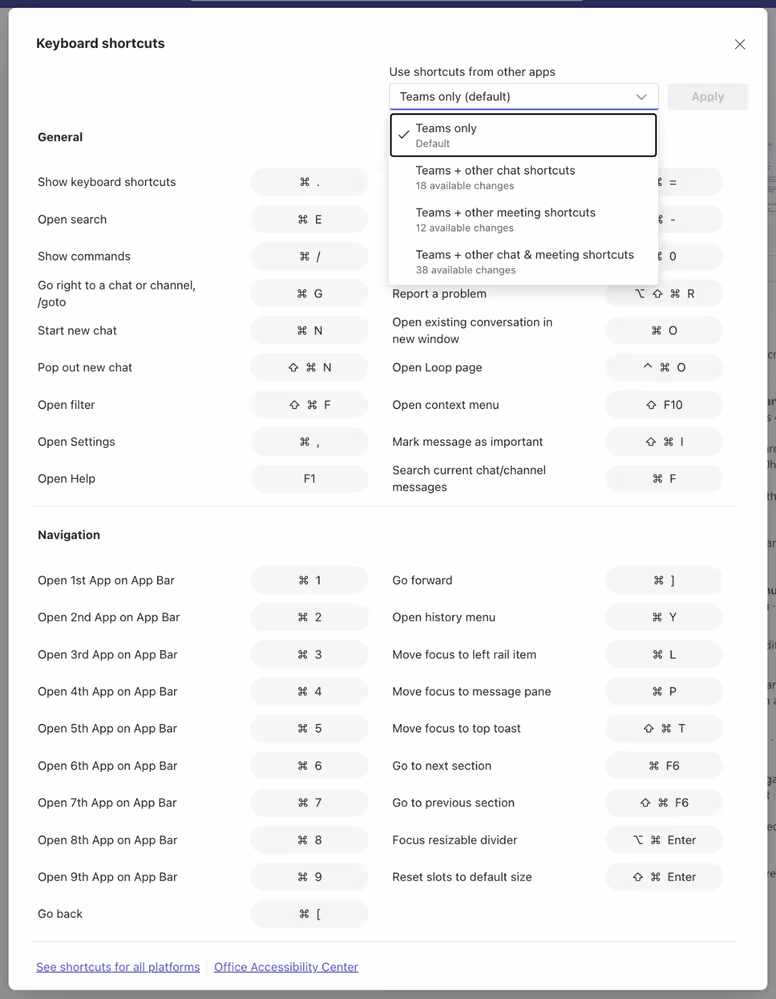 The keyboard shortcuts page, showing a list of shortcuts, and the option to choose from a dropdown menu to use shortcuts from different apps., Picture