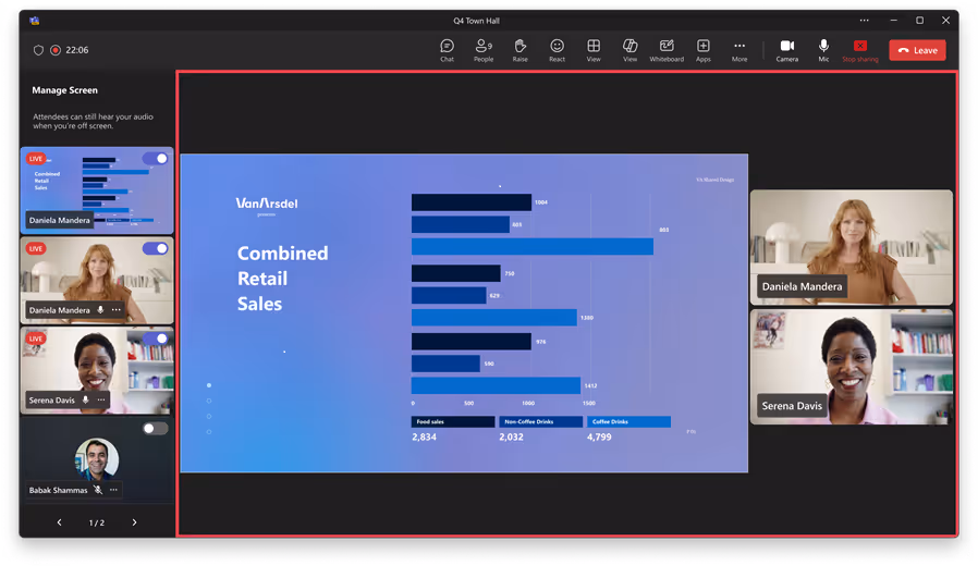 A town hall meeting in progress showing shared content, and the “Manage screen” pane on the top left of the screen., Picture