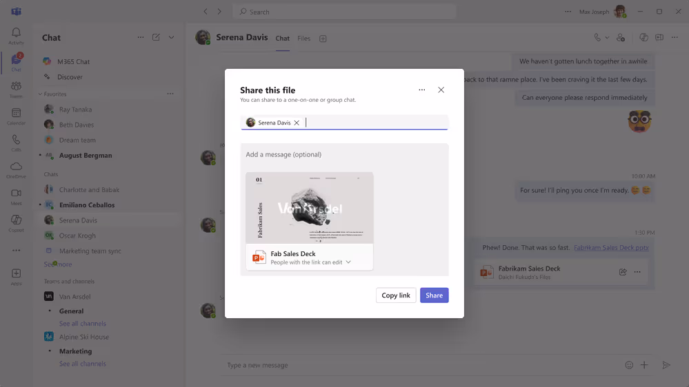 The share window in Meetings, showing the “Share this file” message., Picture