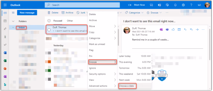 Snoozing emails in your browser-based version of Outlook – One Minute Office Magic