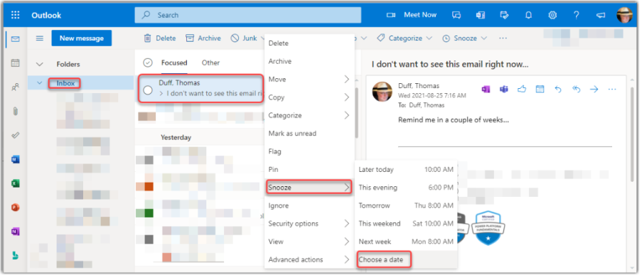 Snoozing emails in your browser-based version of Outlook – One Minute Office Magic