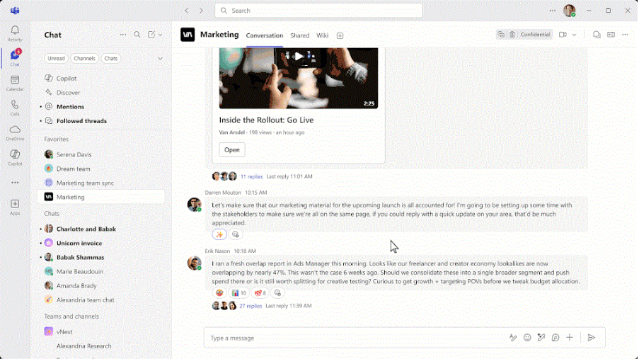 Click on ‘replies’ in a channel with threads. The selected thread will open on the far-right of the screen. The user types and send a reply.