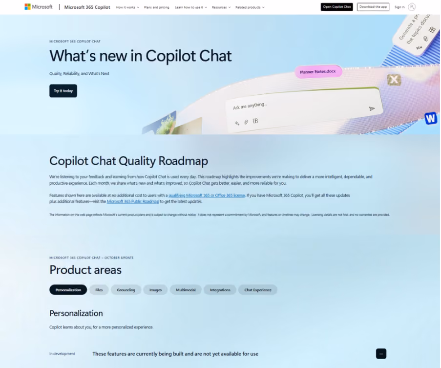 Screenshot of the Copilot Chat quality roadmap webpage with a headline reading What’s new in Copilot Chat.