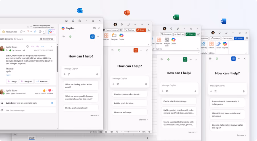Layered images of Outlook, PowerPoint, Excel, and Word highlighting Copilot Chat in the side pane.