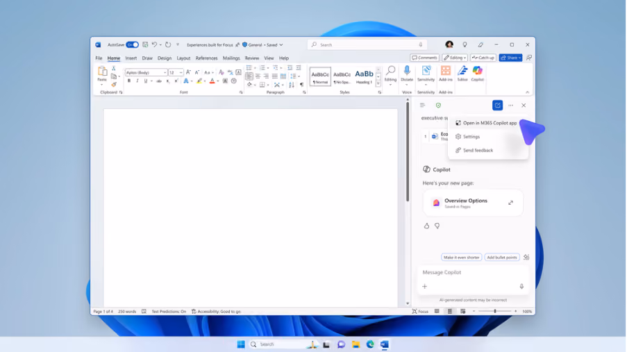 Copilot Chat in Word showing the Open in M365 Copilot app accessible from the More menu.