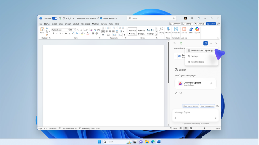 Copilot Chat in Word showing the Open in M365 Copilot app accessible from the More menu.
