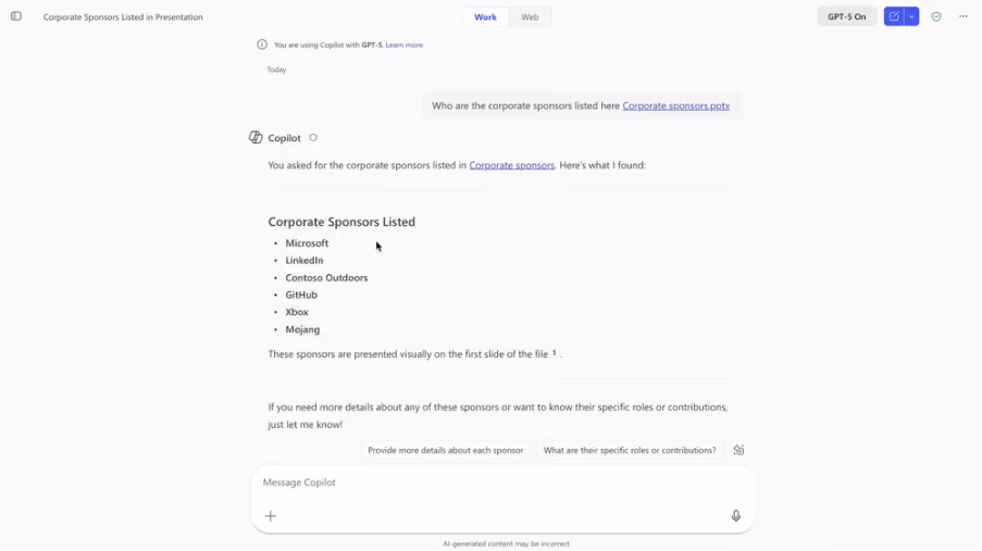 A list of corporate sponsors identified by Copilot in embedded images in a PowerPoint document.