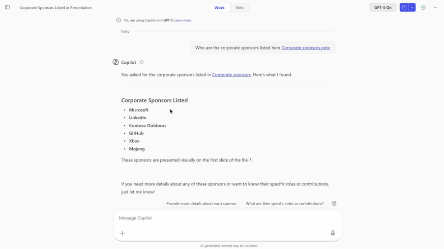 A list of corporate sponsors identified by Copilot in embedded images in a PowerPoint document.