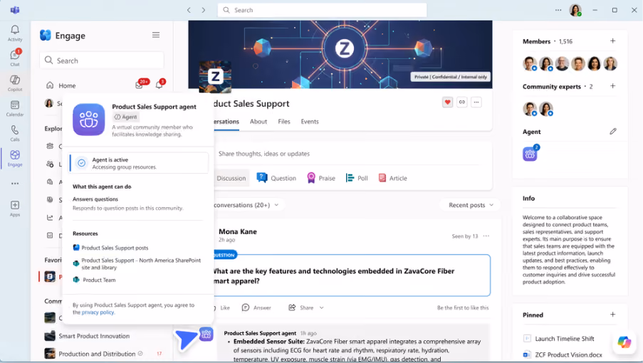 A view of the Community Agent in the Viva Engage tab in Microsoft Teams.