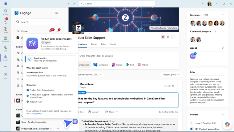 A view of the Community Agent in the Viva Engage tab in Microsoft Teams.