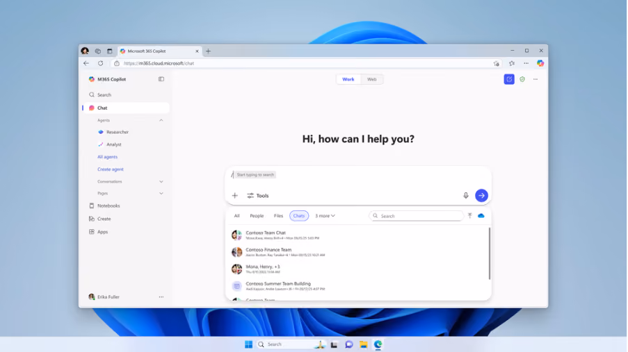 Image of Copilot Chat with a user searching for Teams chats by typing ‘/’ in the input box.