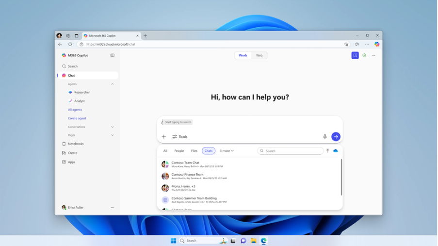 Image of Copilot Chat with a user searching for Teams chats by typing ‘/’ in the input box.
