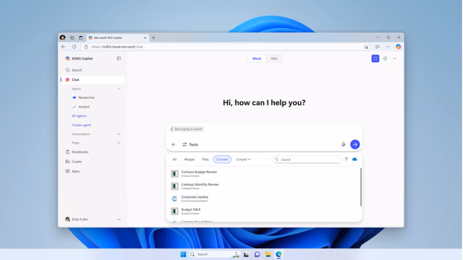 Image of Copilot Chat with a user searching for Teams channels by typing ‘/’ in the input box.
