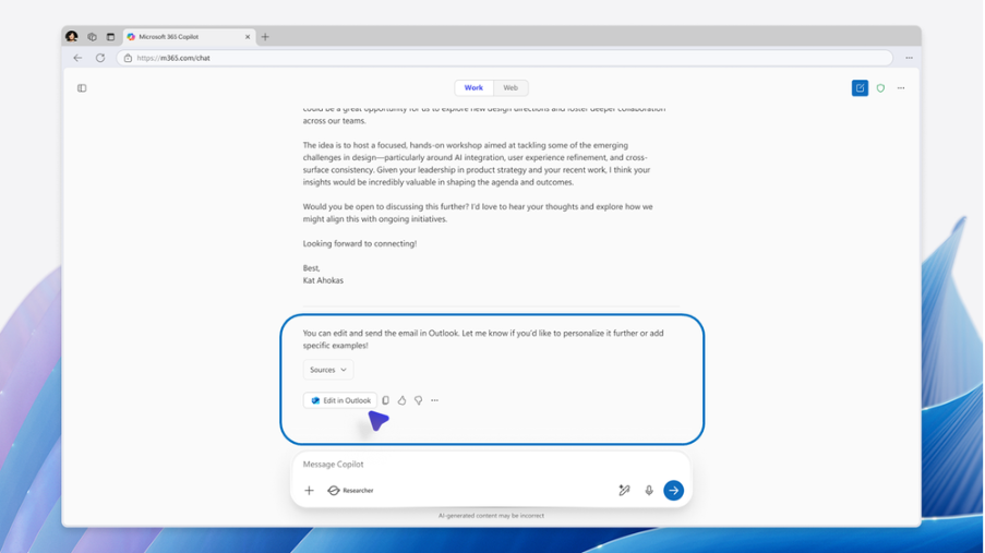 Copilot Chat showing a generated email with the Edit in Outlook button.
