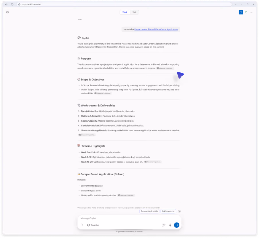 Copilot Chat summarizing an email with information from an attachment.