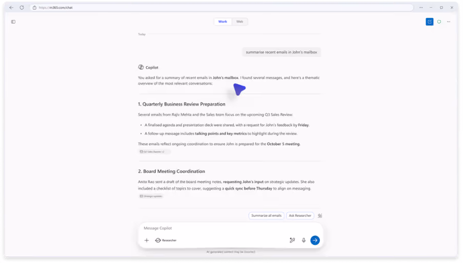 Copilot Chat showing a delegate user asking for a summary of their representative’s inbox.