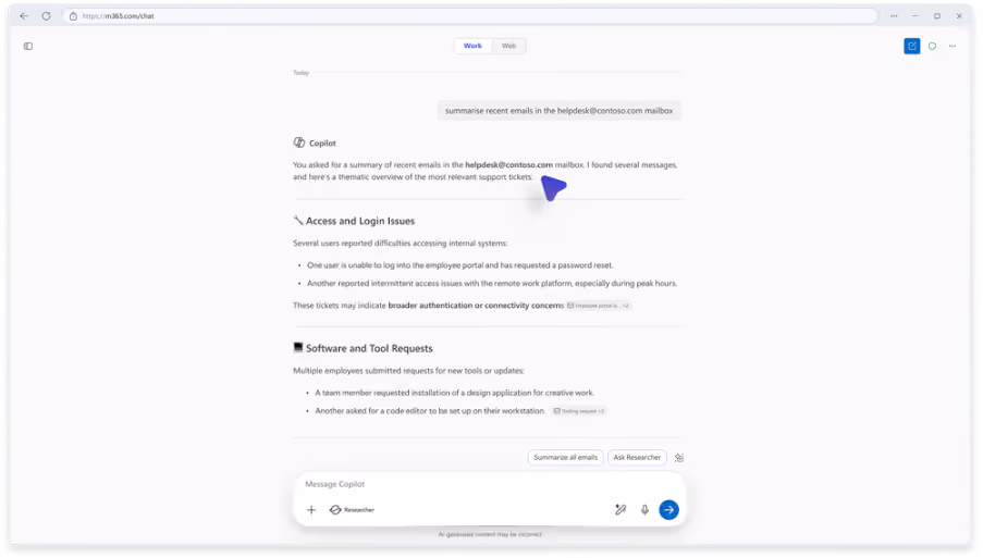 Copilot Chat showing a delegate user asking for a summary of their representative’s inbox.