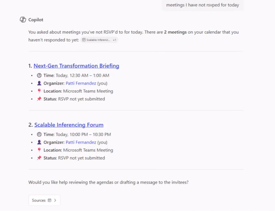 Copilot Chat interface where a user has asked for the meetings they have not responded to and Copilot listing those meetings in its response.