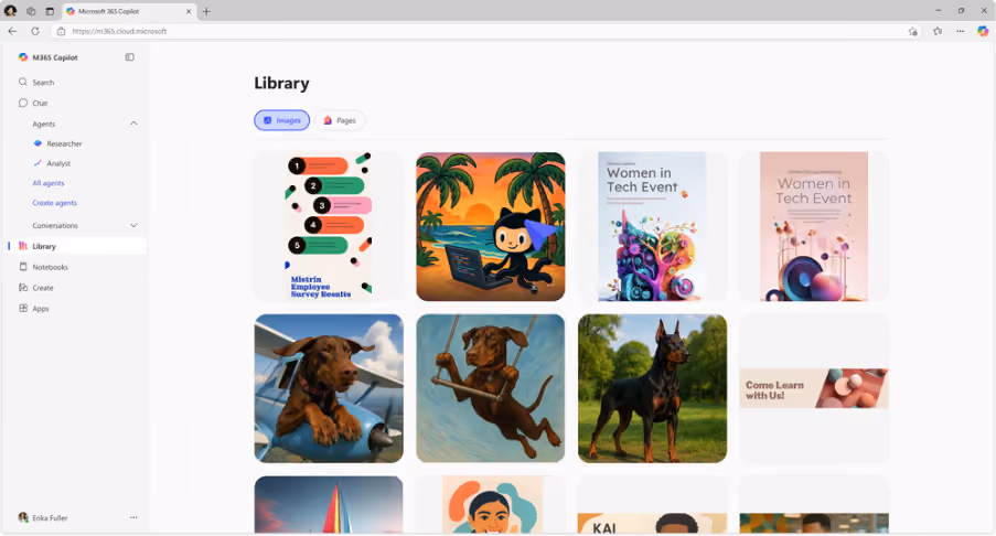 Screenshot of the Images view in Library showing a gallery view of Copilot-created images