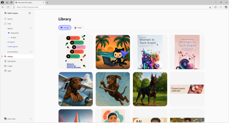 Screenshot of the Images view in Library showing a gallery view of Copilot-created images