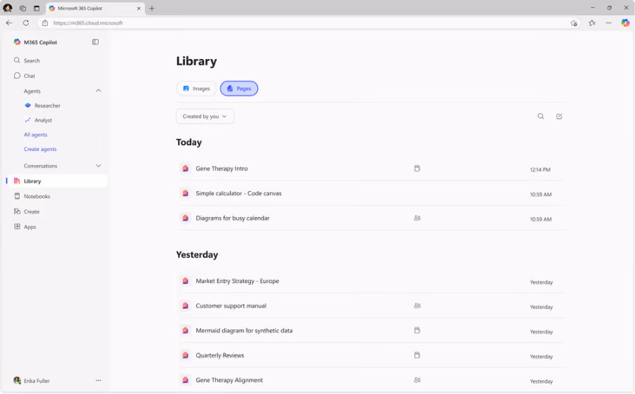 Screenshot of the Pages view in Library showing a list of Pages created by you.