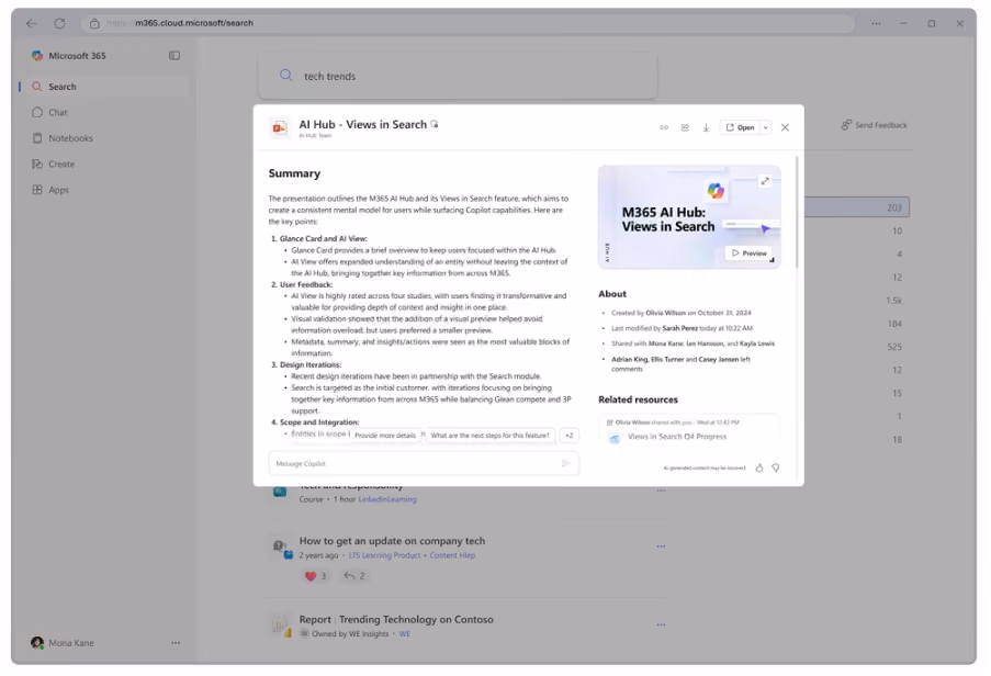 A search summary from the Search module in the Microsoft 365 Copilot app showing a summary of a document called AI Hub.