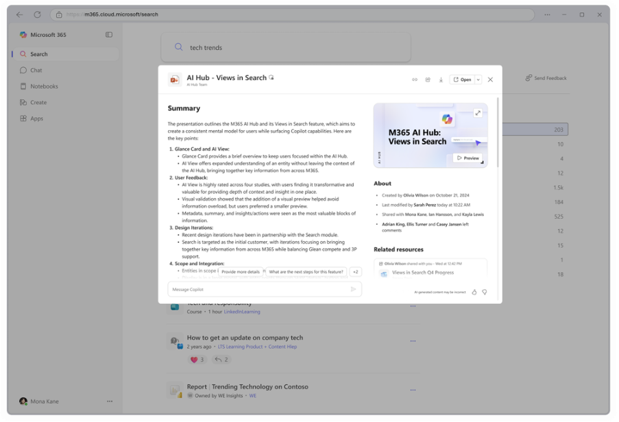 A search summary from the Search module in the Microsoft 365 Copilot app showing a summary of a document called AI Hub.