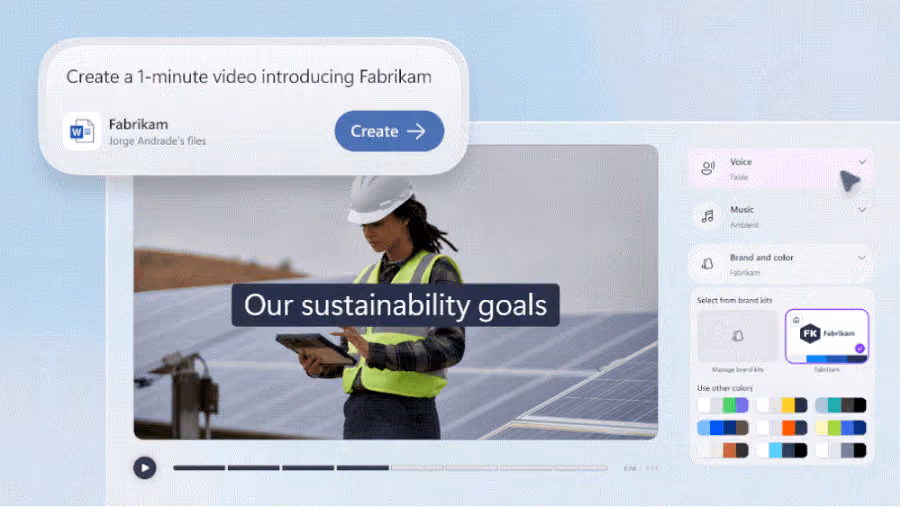 Video creation interface for Fabrikam intro with solar panel image, sustainability text, and options for voice, music, brand color, and editable transcription.