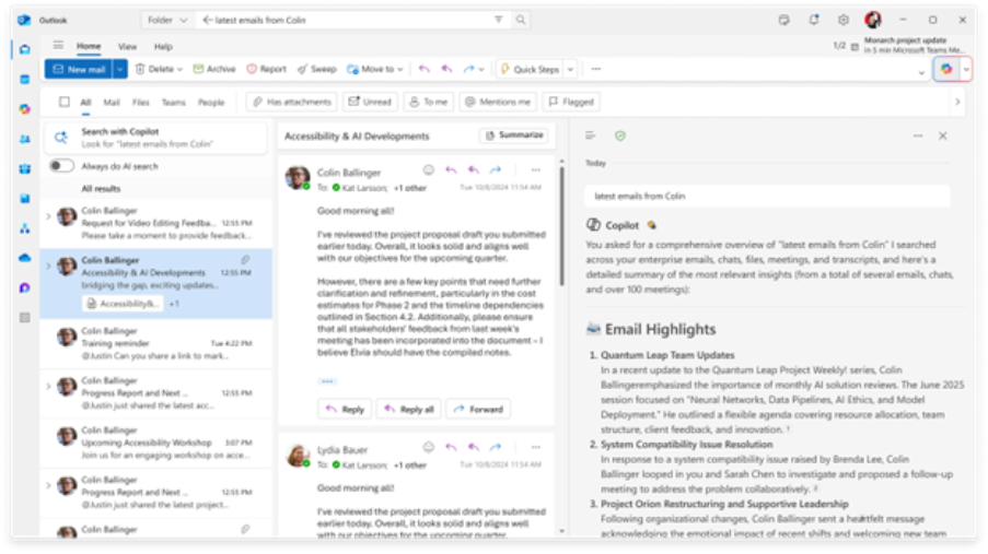 Outlook interface showing search results for ‘latest emails from Colin,’ an open email about Accessibility & AI Developments, and a Copilot panel summarizing key email highlights.