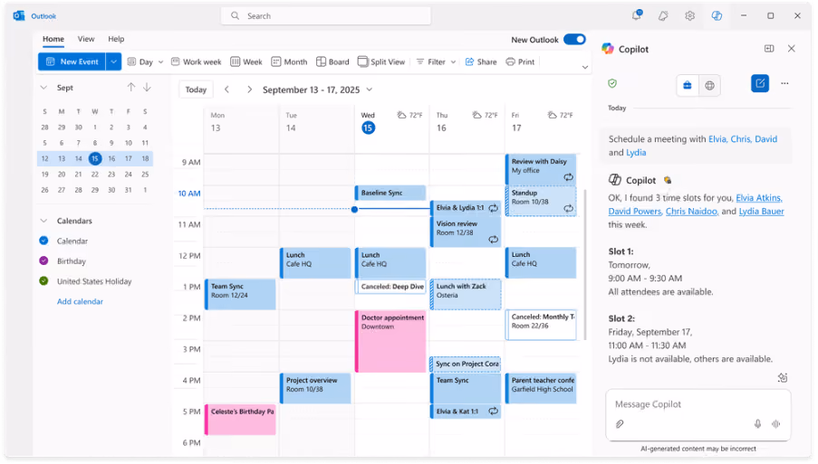 Outlook calendar view for September 13–17 with multiple events and a Copilot panel suggesting meeting times.