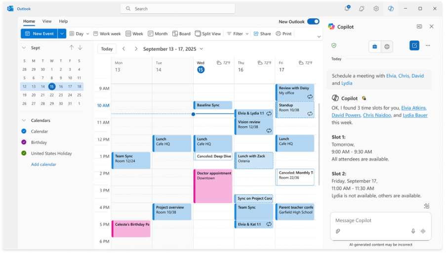 Outlook calendar view for September 13–17 with multiple events and a Copilot panel suggesting meeting times.
