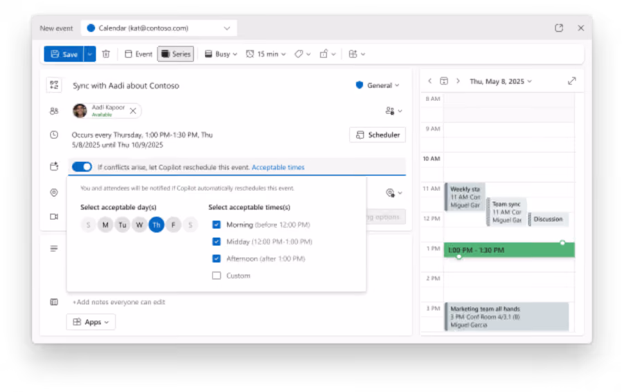 Outlook calendar event editor showing meeting details and Copilot rescheduling options with acceptable days and times selected.
