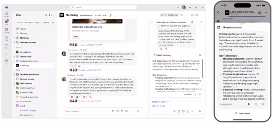 AI thread summary in channel available on desktop and mobile. The summary includes topic based takeaways along with a detailed overview sentence.