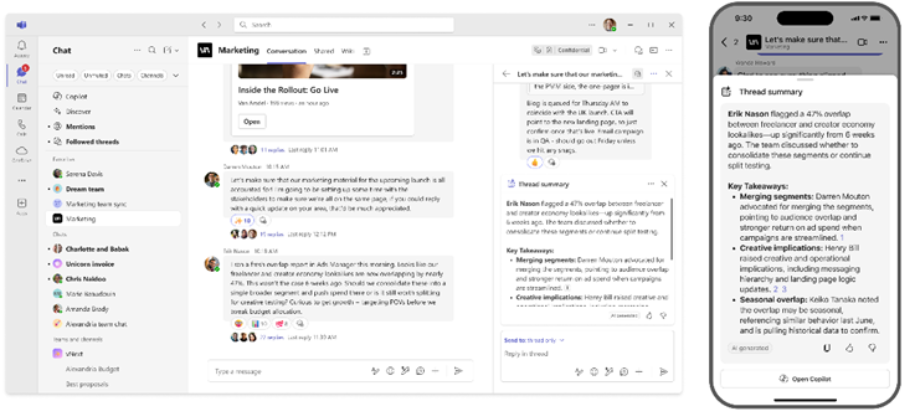 AI thread summary in channel available on desktop and mobile. The summary includes topic based takeaways along with a detailed overview sentence.