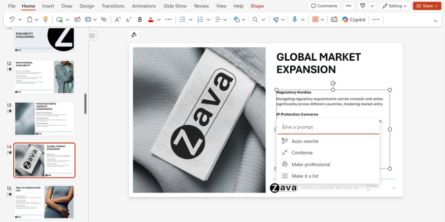 Tailor a message with the option to include a custom rewrite prompt with Copilot in PowerPoint.