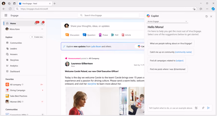 A screenshot of the Viva Engage platform with the home feed, navigation menu, and Copilot panel offering community engagement suggestions