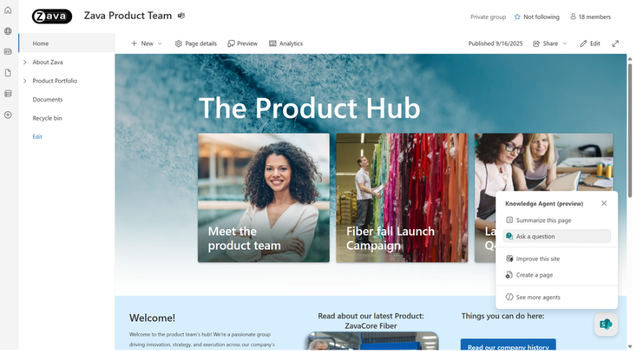 A screenshot of the floating Knowledge Agent button in the bottom-right corner of SharePoint being used to open a context-aware menu with AI-powered actions.